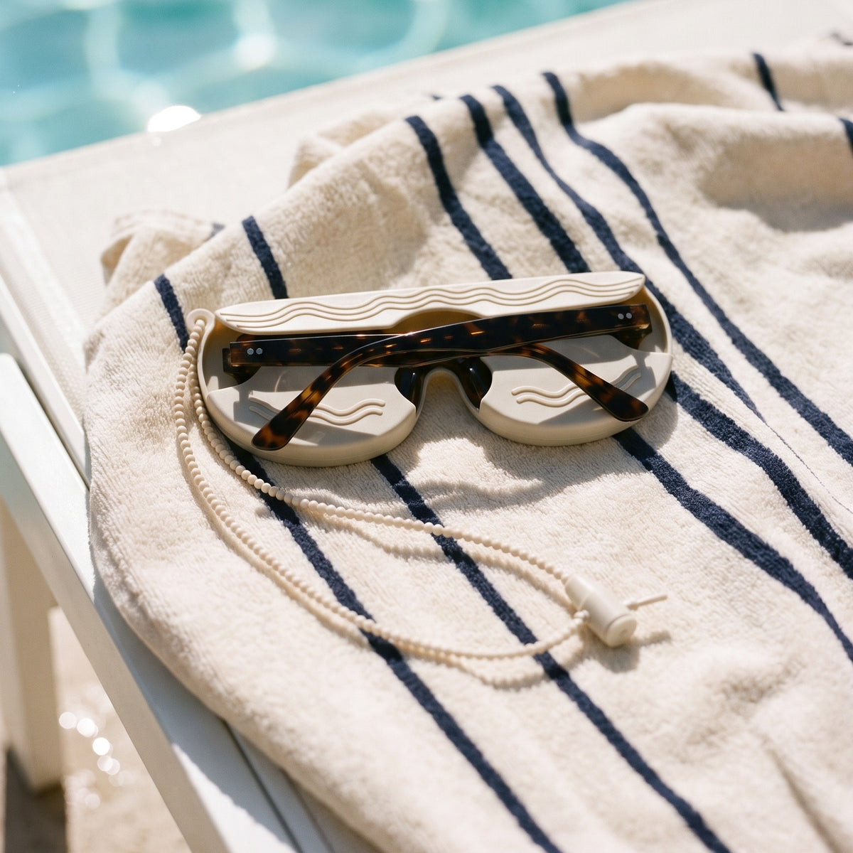 Cream SØNNÆR case holding a pair of sunglasses on a poolside towel