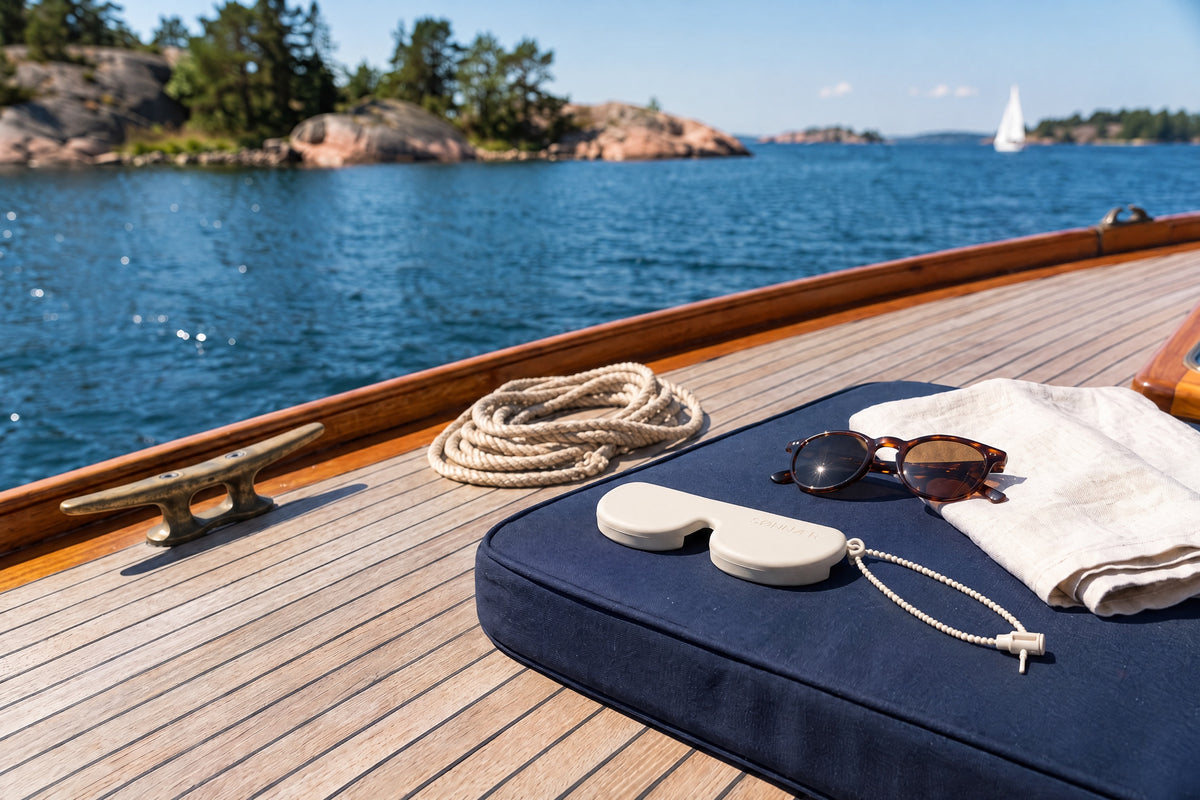 Cream SØNNÆR silicone sunglasses case on a navy cushion aboard a wooden sailboat in the archipelago