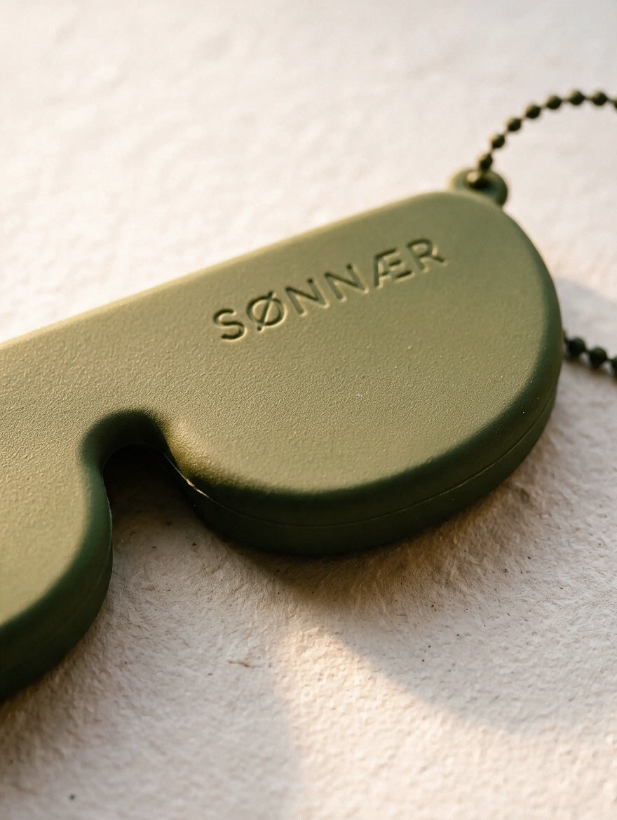 Close-up of the matte olive silicone surface with the engraved SØNNÆR logo
