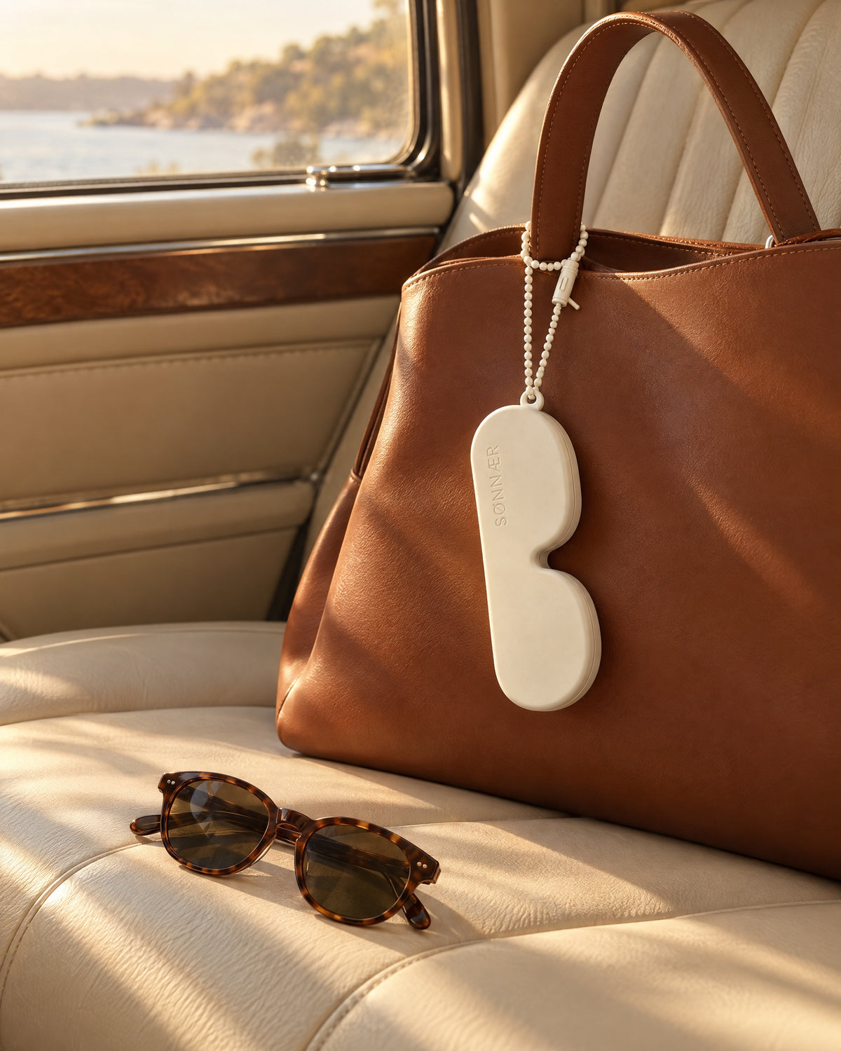 Cream SØNNÆR case hanging from a leather bag handle in a classic car